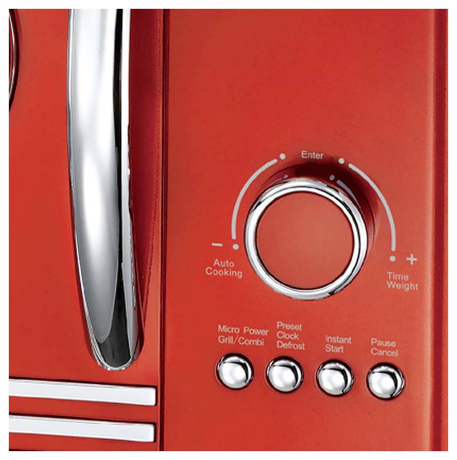 Nahaufnahme eines roten Mikrowellenbedienfelds mit einem runden Drehknopf, beschriftet mit "Eingabe", und Tasten für "Automatisches Kochen", "Voreingestellte Uhr/Auftauen", "Sofortstart" und "Pause/Abbrechen".