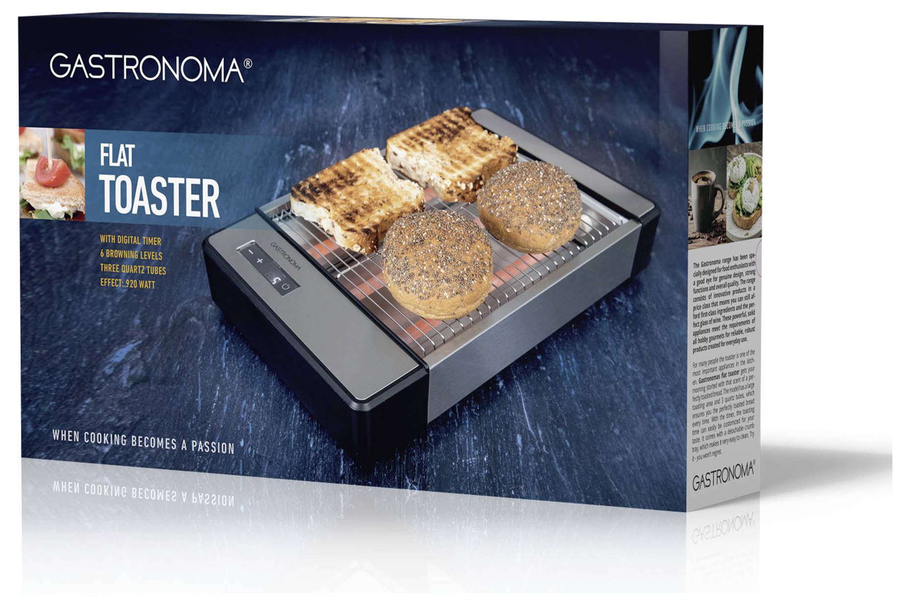 Verpackung des "Gastronoma Flat Toaster" mit abgebildeten getoasteten Brot- und Brötchenscheiben. Funktionen umfassen gleichmäßiges Toasten und drei Schlitze für verschiedene Brothsorten.