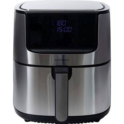 Ein Edelstahl-Heißluftfritteuse mit einem digitalen Display, das Temperatur- und Zeiteinstellungen anzeigt, mit der Beschriftung 'Gastroback'.
