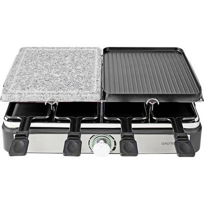 Ein Multifunktionsgrill mit einer Granitplatte und gerippter Oberfläche, ausgestattet mit mehreren Raclette-Schalen und einem zentralen Temperaturregler.