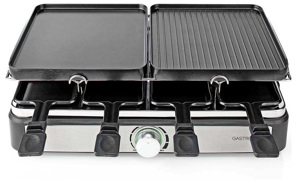 Elektrischer Doppelzweck-Grill mit flachen und gerillten Platten oben, fünf schwarzen Fondue-Gabeln und einem Halter darunter, umgeben von einer silbernen Basis.