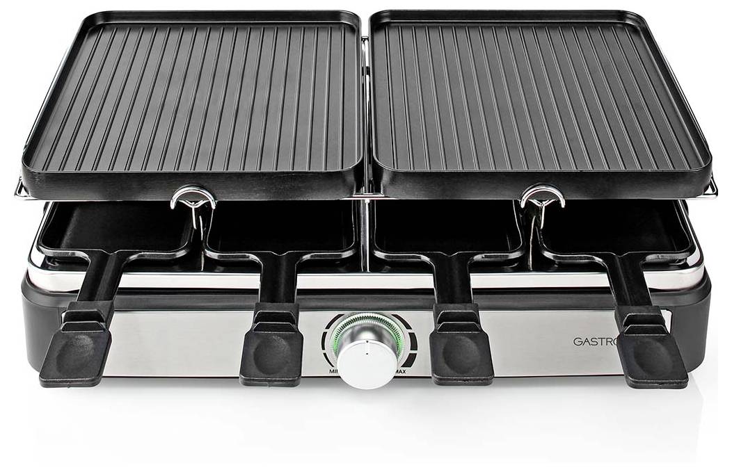 Doppelter Elektrogrill mit vier auswechselbaren Platten und einstellbarem Temperaturregler, geeignet zum Grillen verschiedener Lebensmittel.