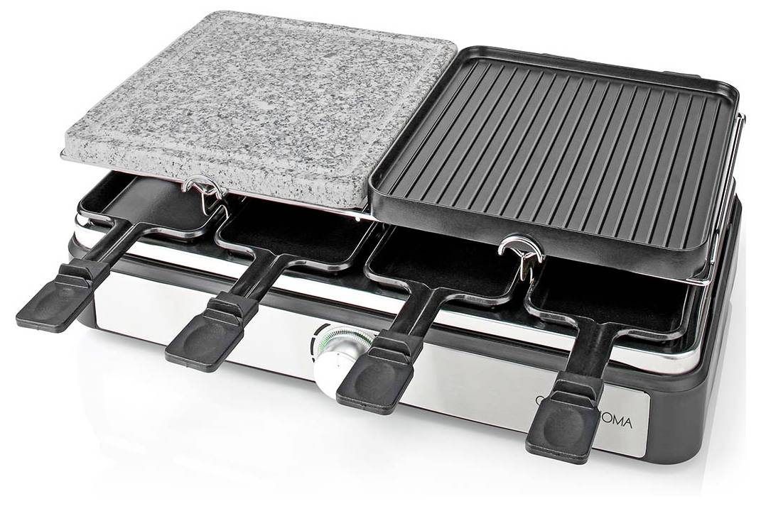 Elektrischer Raclette-Grill mit Granitstein und gerillter Grillplatte, ausgestattet mit acht Kochschalen darunter zum individuellen Zubereiten von Speisen.