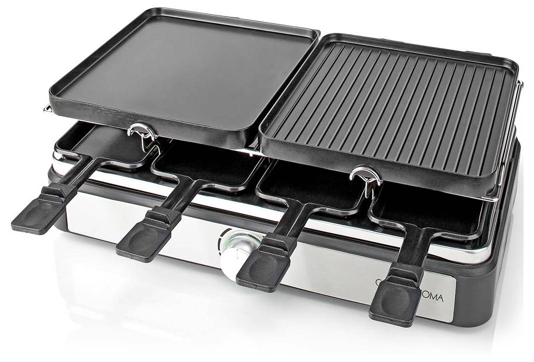Ein Doppelseiten-Tischgrill mit einer flachen Grillplatte links und einer gerillten Grillseite rechts, ausgestattet mit vier Fächern für Raclette-Pfännchen.