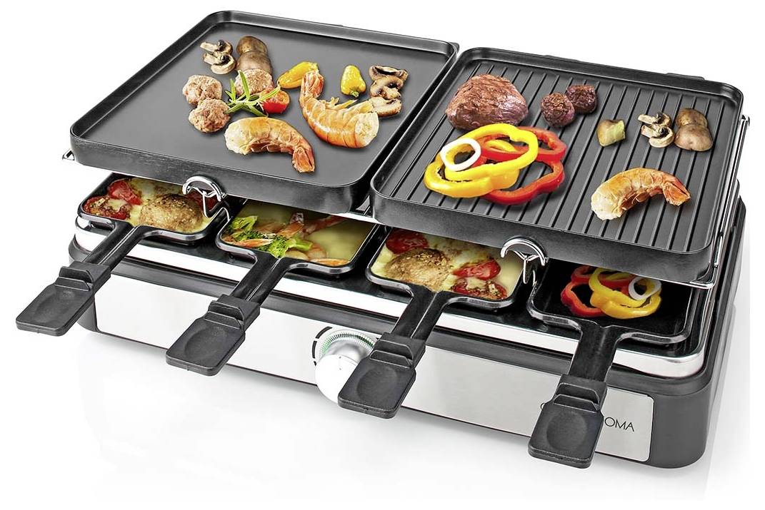 Doppelflächengrill mit verschiedenen Lebensmitteln wie Garnelen, Gemüse und Fleisch auf einer flachen und gerillten Grillplatte. Darunter befinden sich einzelne Pfännchen mit gegrilltem Gemüse.