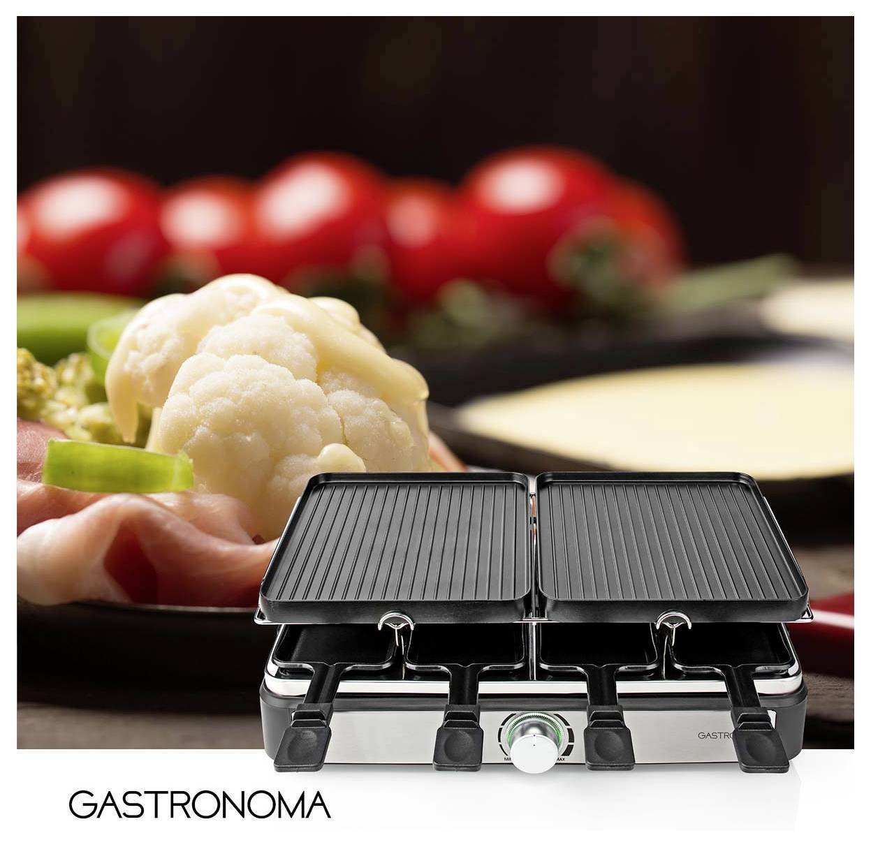 Das Logo 'GASTRONOMA' auf einem Hintergrund mit einem Grill mit verstellbaren Einstellrädern, im Hintergrund Gemüse wie Blumenkohl und Tomaten.