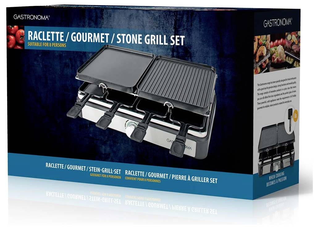 Gastronoma Raclette/Gourmet-Steingrillset in Box, geeignet für 8 Personen, mit doppelten Grillbereichen und Temperatureinstellungen.