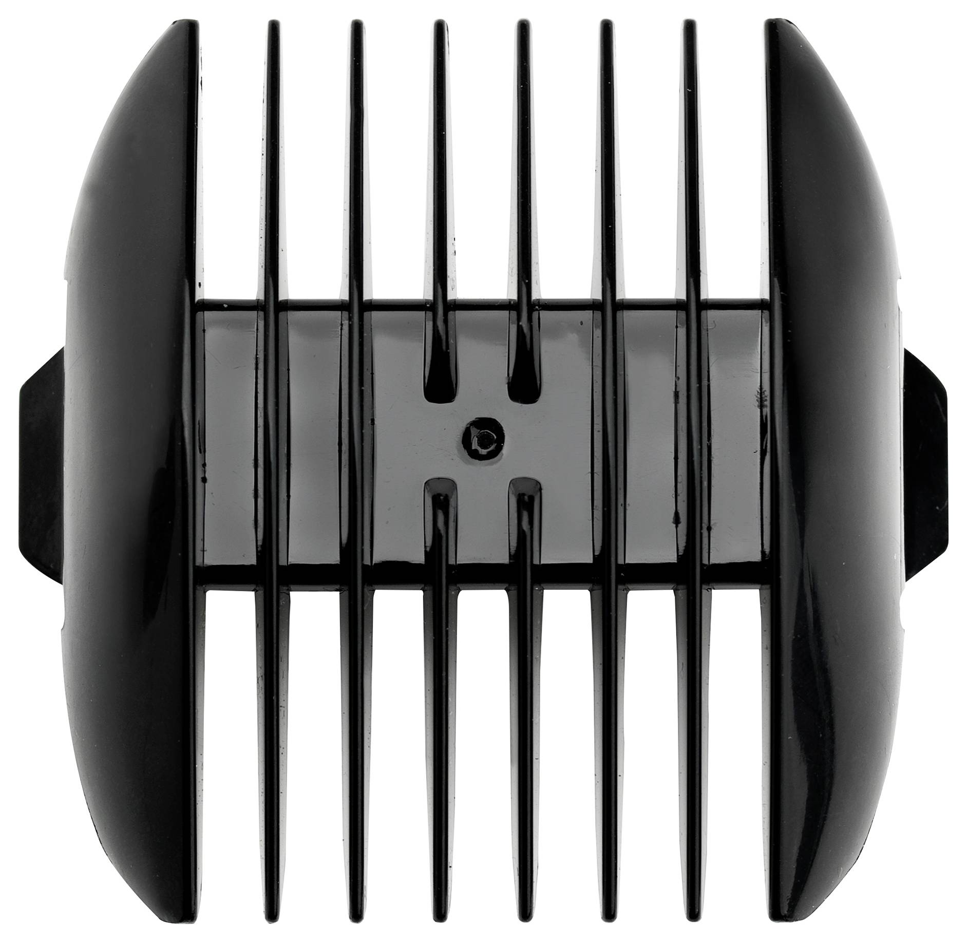 Eine schwarze Haarschneidemaschinen-Schutzkappe mit neun gleichmäßig verteilten Zähnen und einer glatten Oberfläche.