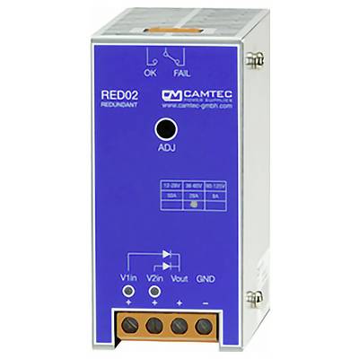 Ein Camtec RED02 Redundanzmodul in einem Metallgehäuse mit blauer Frontplatte, das Anzeigen und Anschlussklemmen für die Stromversorgung zeigt.