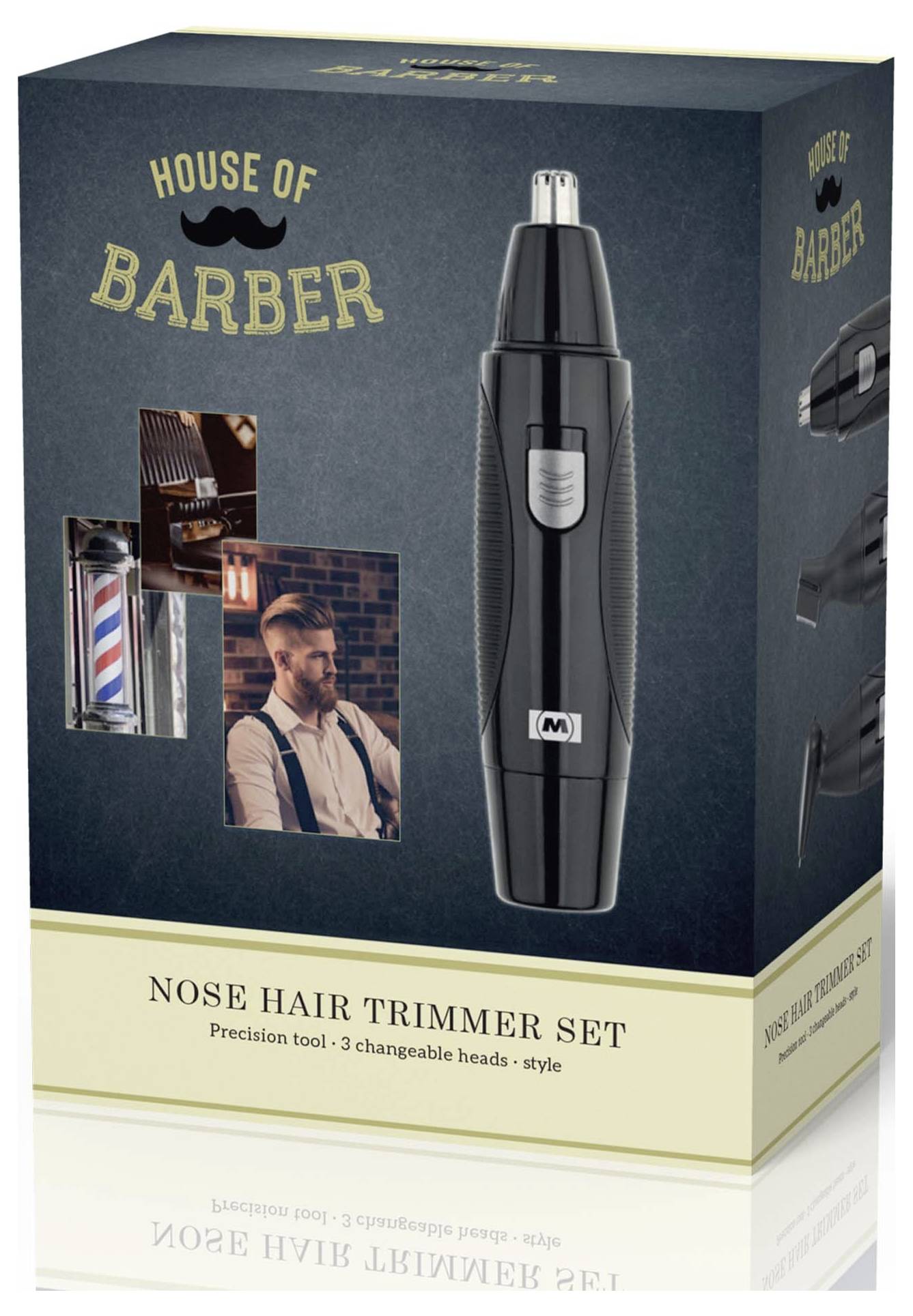 "Nasenhaartrimmer-Set" Schachtel mit einem Bild des Trimmers und einem Friseur in einem Geschäft, mit Text, der die "3 auswechselbaren Köpfe" hervorhebt.