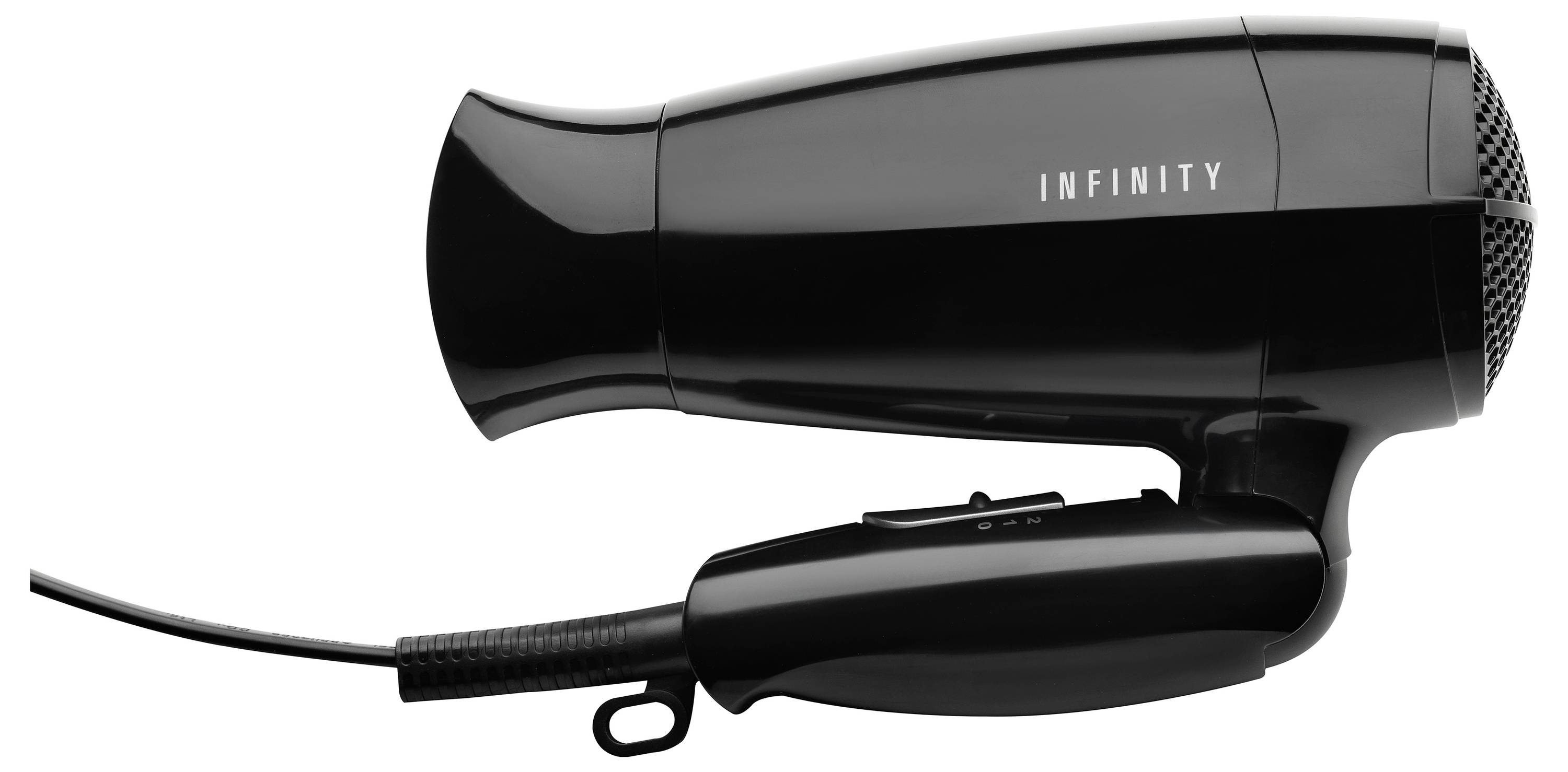 Ein schwarzer Haartrockner mit der Aufschrift "INFINITY", von der Seite gezeigt, mit einem sichtbaren Netzschalter am Griff.