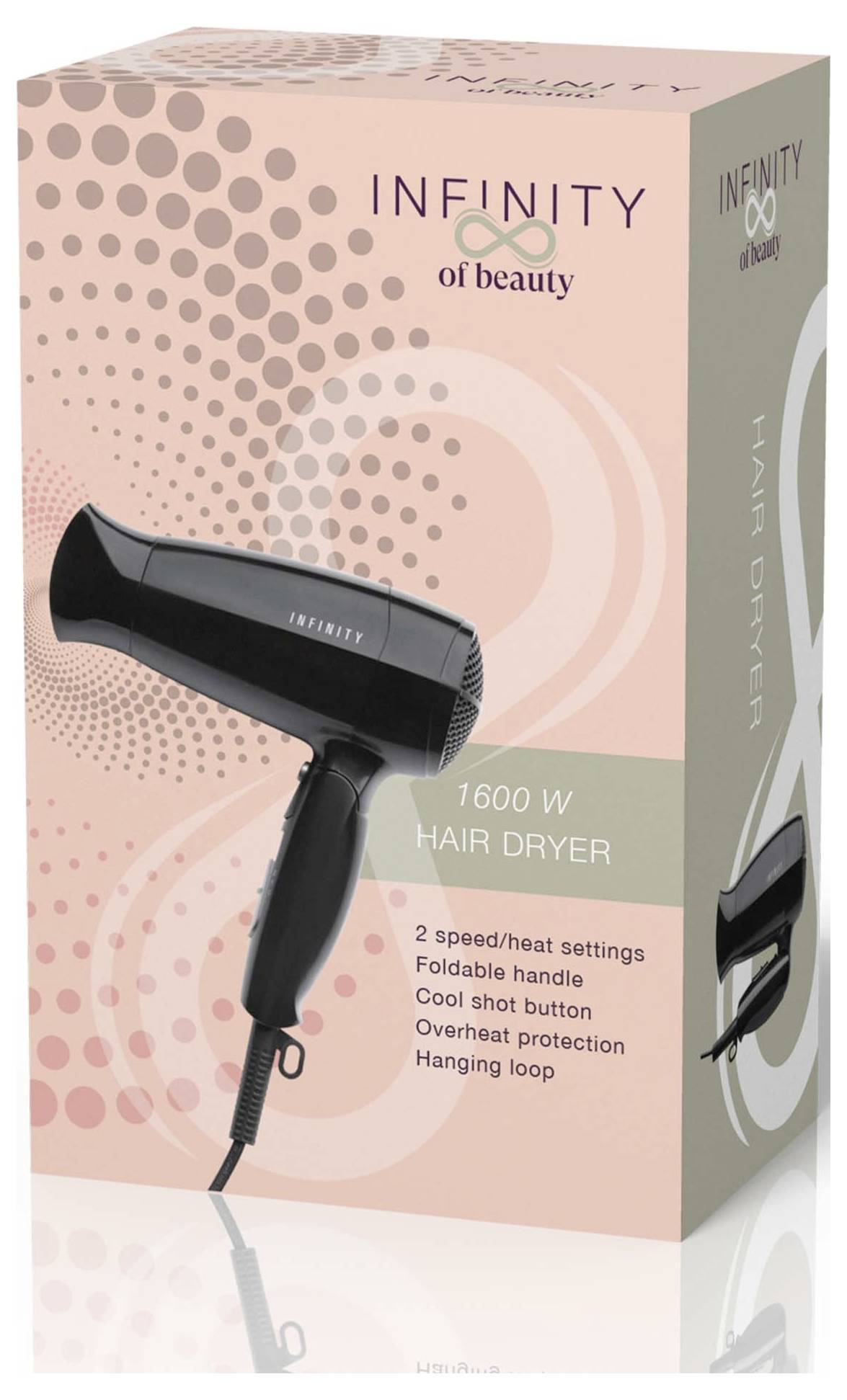 "Infinity of Beauty" 1600W Haartrockner mit zwei Geschwindigkeits-/Hitzeeinstellungen, zusammenklappbarem Griff, Cool-Shot-Taste und Aufhängeschlaufe.