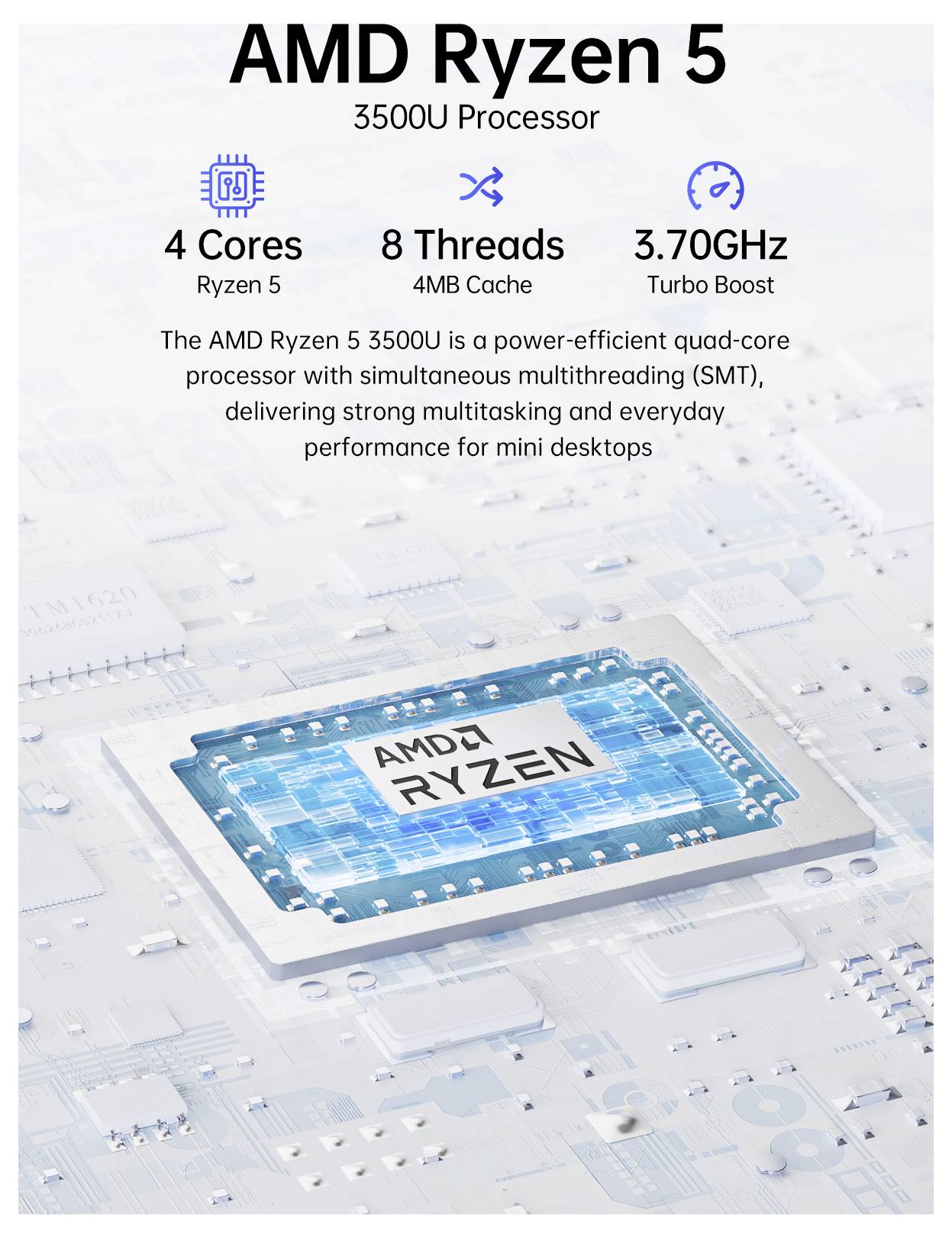 AMD Ryzen 5 3500U Prozessor<br><br>Spezifikationen: 4 Kerne, 8 Threads, 3,70 GHz Turbo. Visualisierung eines Chips auf Schaltkreishintergrund.
