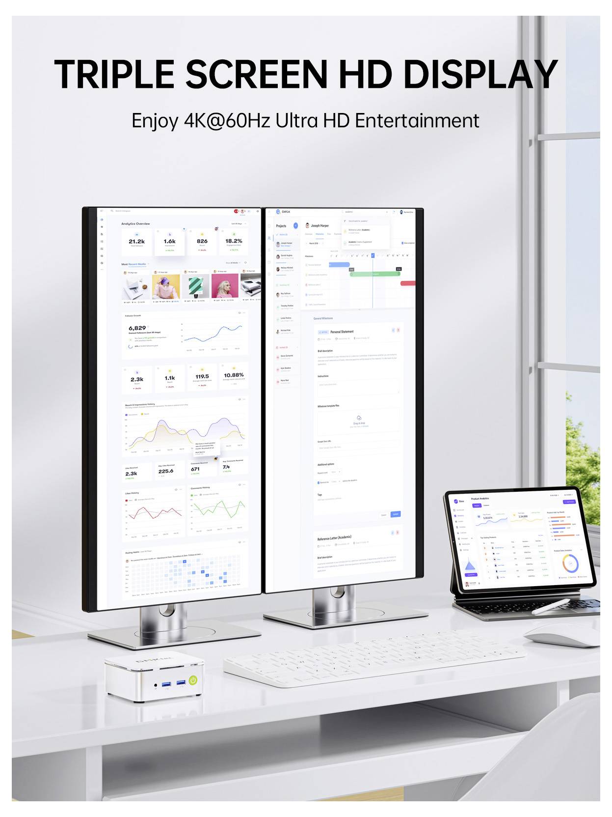 "Triple Screen HD Display" Einrichtung mit zwei vertikalen Monitoren, die Diagramme und Dashboards anzeigen, plus ein Tablet mit Analysen.
