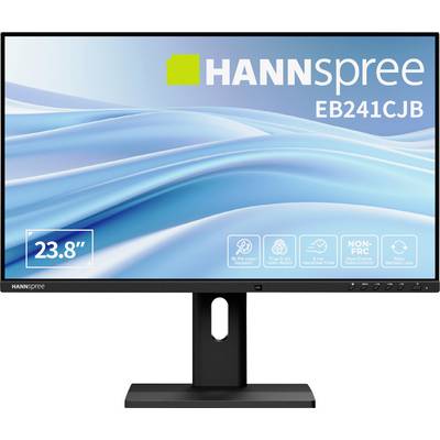 Bildschirmanzeige mit einem HANNSPREE EB241CJB-Bildschirm mit Wellenhintergrund. Merkmale umfassen 23,8" Größe, Entspiegelung und Augenschutz.