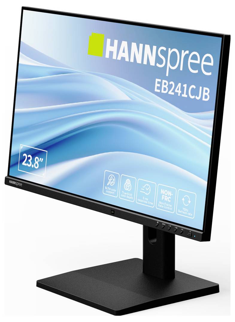 Ein Computermonitor, der den Text "HANNSPREE EB241CJB" mit einem gewellten blauen Hintergrund anzeigt. Die Bildschirmgröße ist mit 23,8 Zoll angegeben.