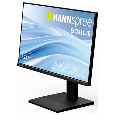 Ein Computermonitor, der den Text "HANNSPREE EB241CJB" mit einem gewellten blauen Hintergrund anzeigt. Die Bildschirmgröße ist mit 23,8 Zoll angegeben.