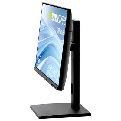 Ein schlanker schwarzer Monitor mit blauem Display, auf dem Wellenformen und der Text "HANNSPREE" zu sehen sind. Die Bildschirmgröße beträgt 24 Zoll.