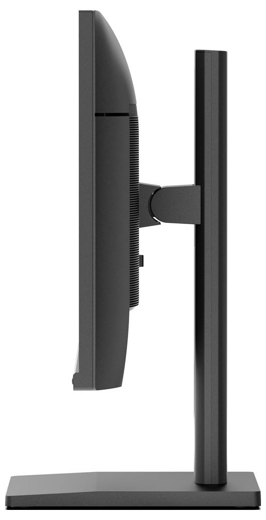 Eine Seitenansicht eines modernen Computermonitors, die sein schlankes Design und seinen verstellbaren Ständer zeigt.