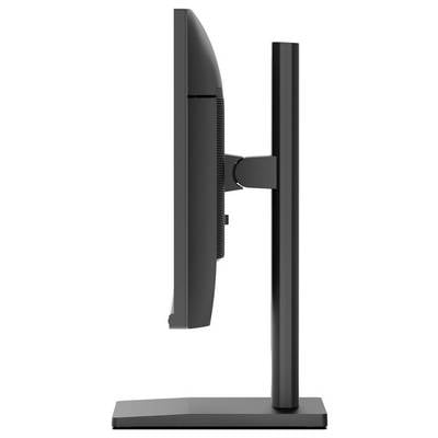 Eine Seitenansicht eines modernen Computermonitors, die sein schlankes Design und seinen verstellbaren Ständer zeigt.