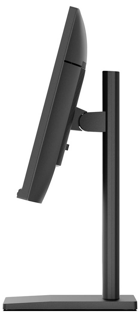 Ein schlanker, moderner Computermonitor, von der Seite gezeigt, auf einem höhenverstellbaren Ständer montiert, der seine schmale Silhouette und ergonomische Gestaltung veranschaulicht.