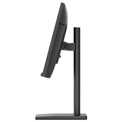 Ein schlanker, moderner Computermonitor, von der Seite gezeigt, auf einem höhenverstellbaren Ständer montiert, der seine schmale Silhouette und ergonomische Gestaltung veranschaulicht.