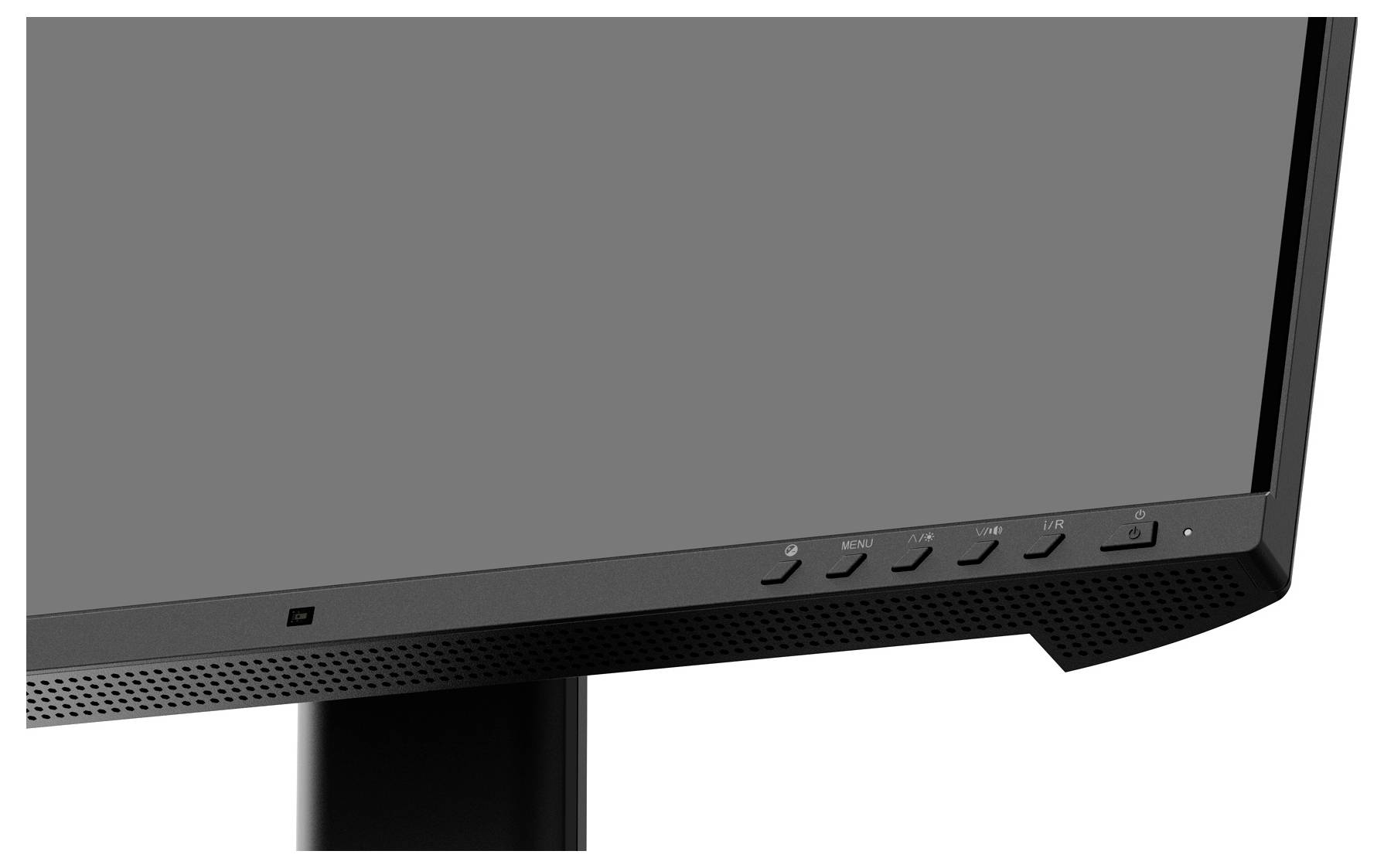 Ein Computermonitor, der auf die untere rechte Ecke fokussiert ist und Tasten sowie einen Teil des Ständers zeigt.