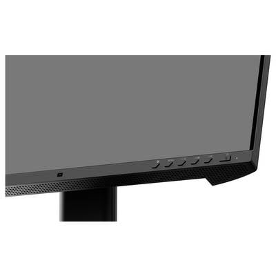 Ein Computermonitor, der auf die untere rechte Ecke fokussiert ist und Tasten sowie einen Teil des Ständers zeigt.