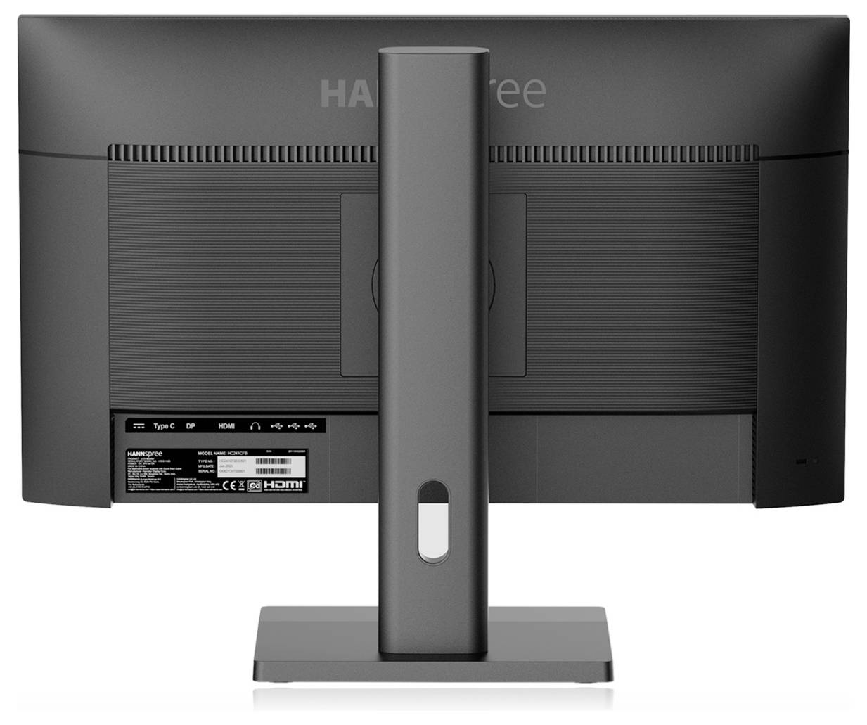 Rückansicht eines schwarzen Computermonitors auf einem Ständer, die Anschlüsse und ein Etikett mit technischen Spezifikationen zeigt.