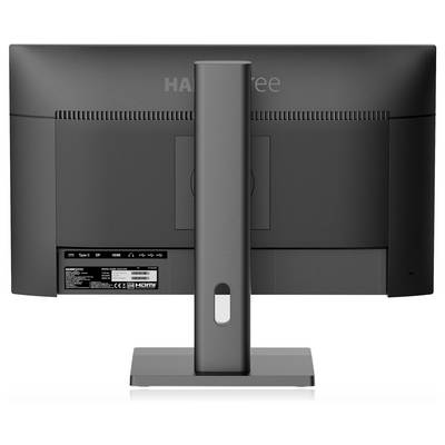 Rückansicht eines schwarzen Computermonitors auf einem Ständer, die Anschlüsse und ein Etikett mit technischen Spezifikationen zeigt.