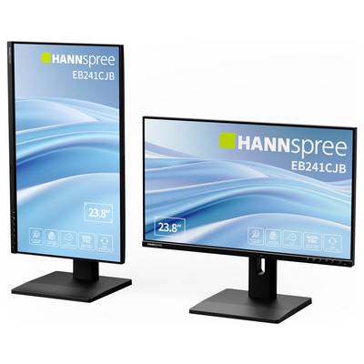 Zwei Monitore, die ein blaues Wellendesign anzeigen. Der linke Monitor ist vertikal, der rechte horizontal. Beide zeigen die Details 'HANNspree EB241CJB' und '23,8 Zoll'.