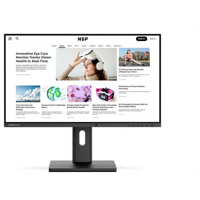 Computer-Monitor, der eine Website mit verschiedenen Technologie- und Lifestyle-Artikeln anzeigt. Hauptartikel mit dem Titel ‚Innovatives Eye-Care-Gerät verfolgt Sehgesundheit in Echtzeit'.