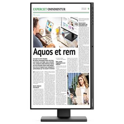 Eine digitale Zeitungsseite mit der Überschrift 'Aquos et rem', die eine Büroumgebung als Bild oben zeigt und eine Frau, die draußen ein Smartphone nutzt.
