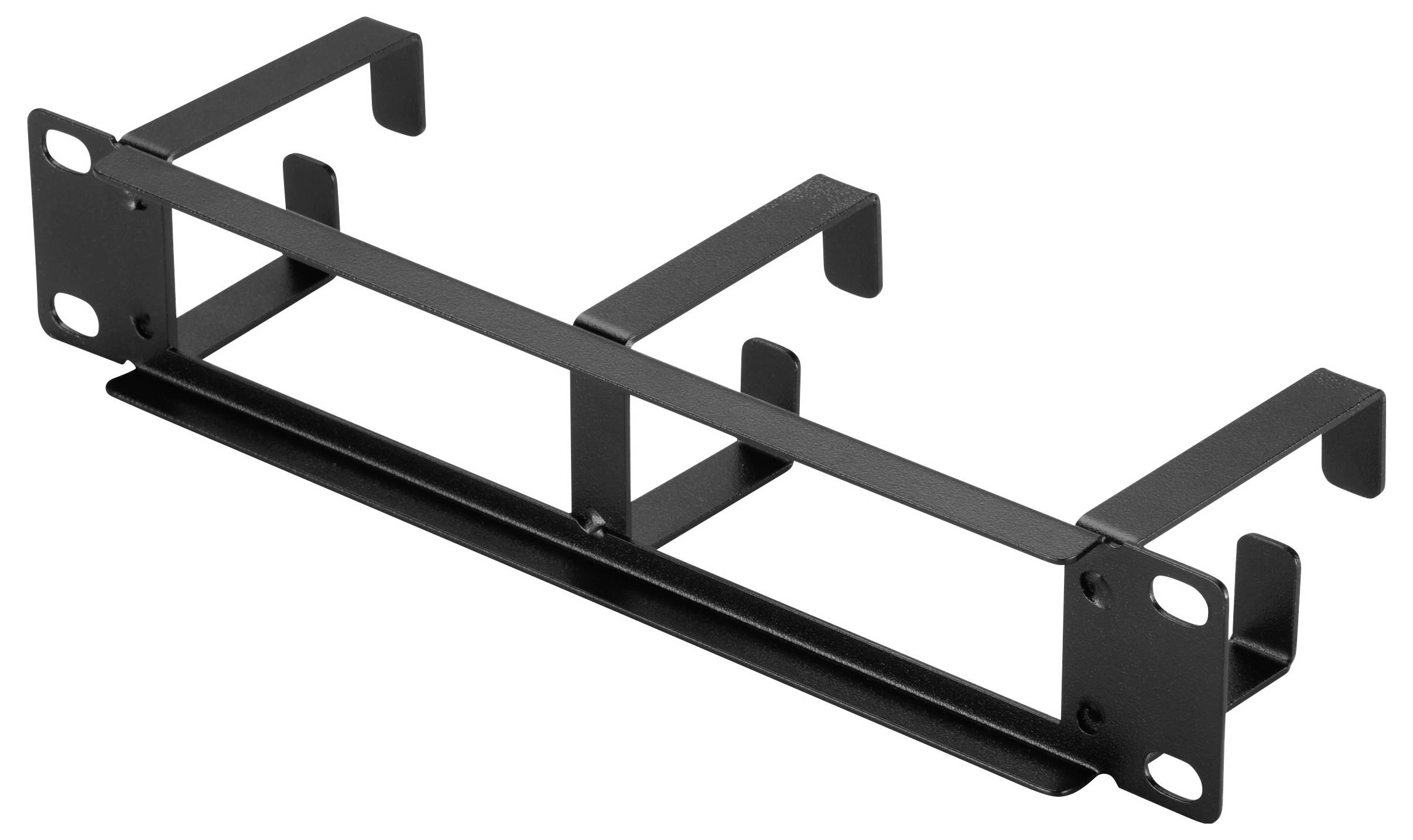 Schwarze Metall-Rackmontageklammer mit mehreren Haken und Schraubenlöchern zum Organisieren oder Sichern von Geräten in einem Rack.