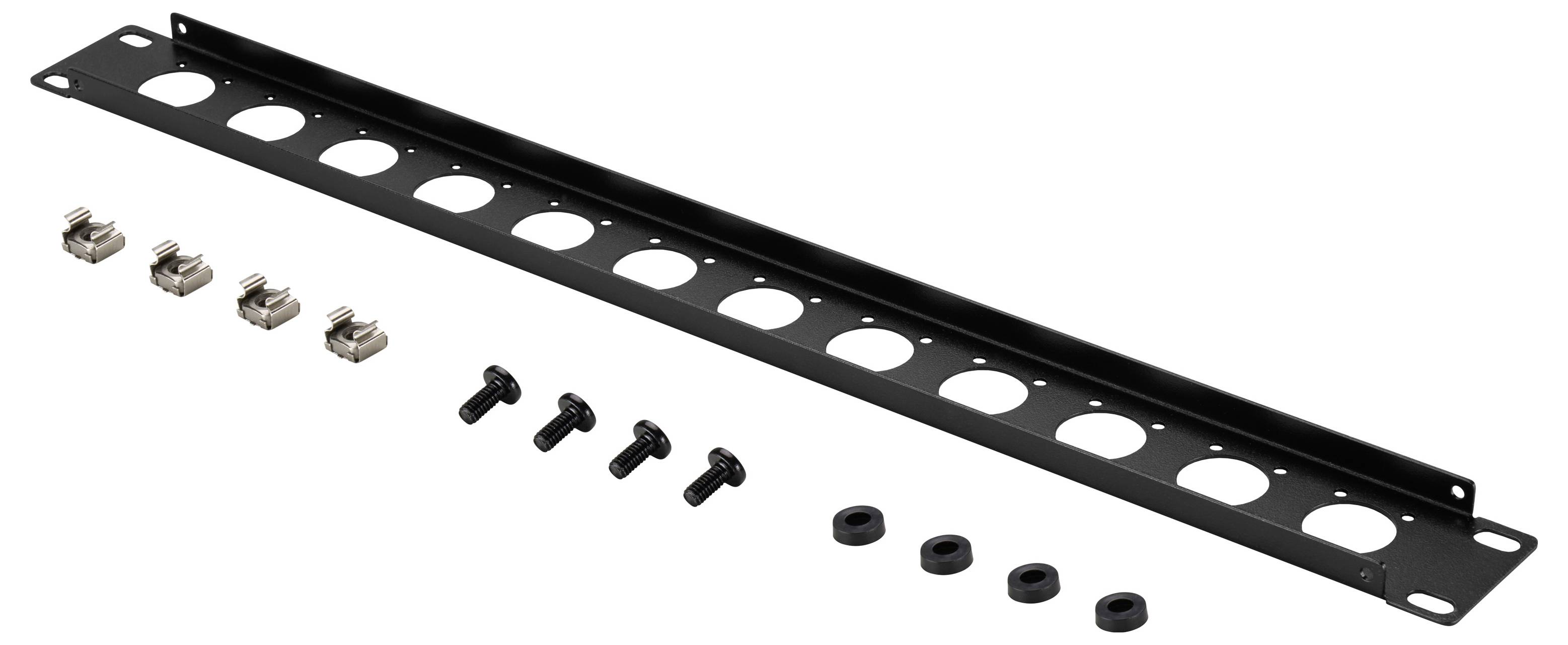 Schwarze Metall-Rackmontageschiene mit mehreren kreisförmigen Ausschnitten, dargestellt mit vier Schrauben, vier Clips und vier Muttern auf weißem Hintergrund.