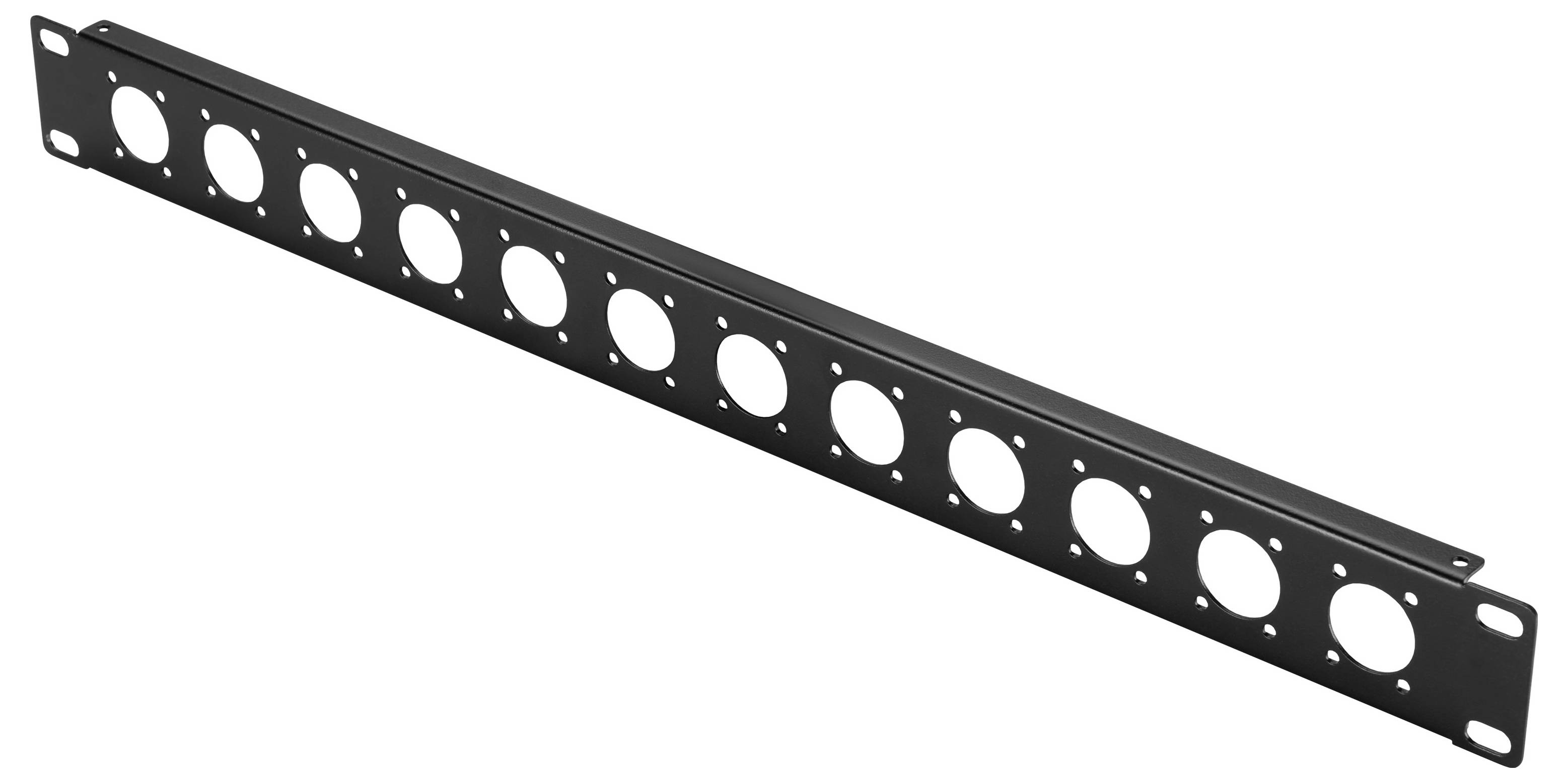 Schwarzes Metall-Rackmontageverkleidungspanel mit mehreren kreisförmigen Ausschnitten und Endbefestigungslöchern, diagonal auf weißem Hintergrund dargestellt.