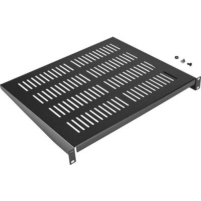 Schwarzes perforiertes Metallausrüstungsregal mit vorderen Befestigungswinkeln, gezeigt mit kleinen Schrauben und Unterlegscheiben.