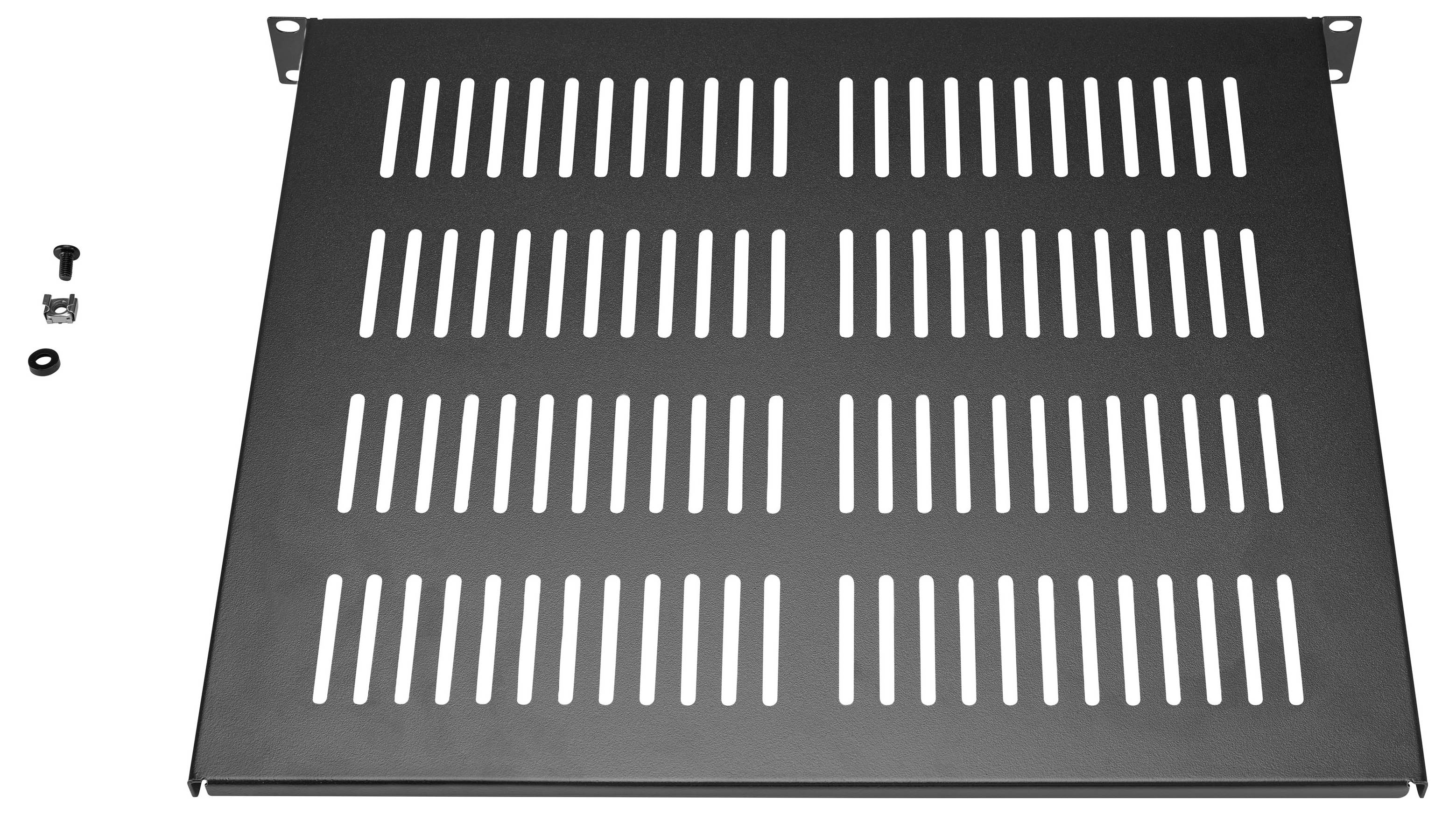 Schwarzes durchlochtes Metallregal-Regalblatt mit Montageklammern und kleinen Hardwareteilen, die daneben angezeigt werden.