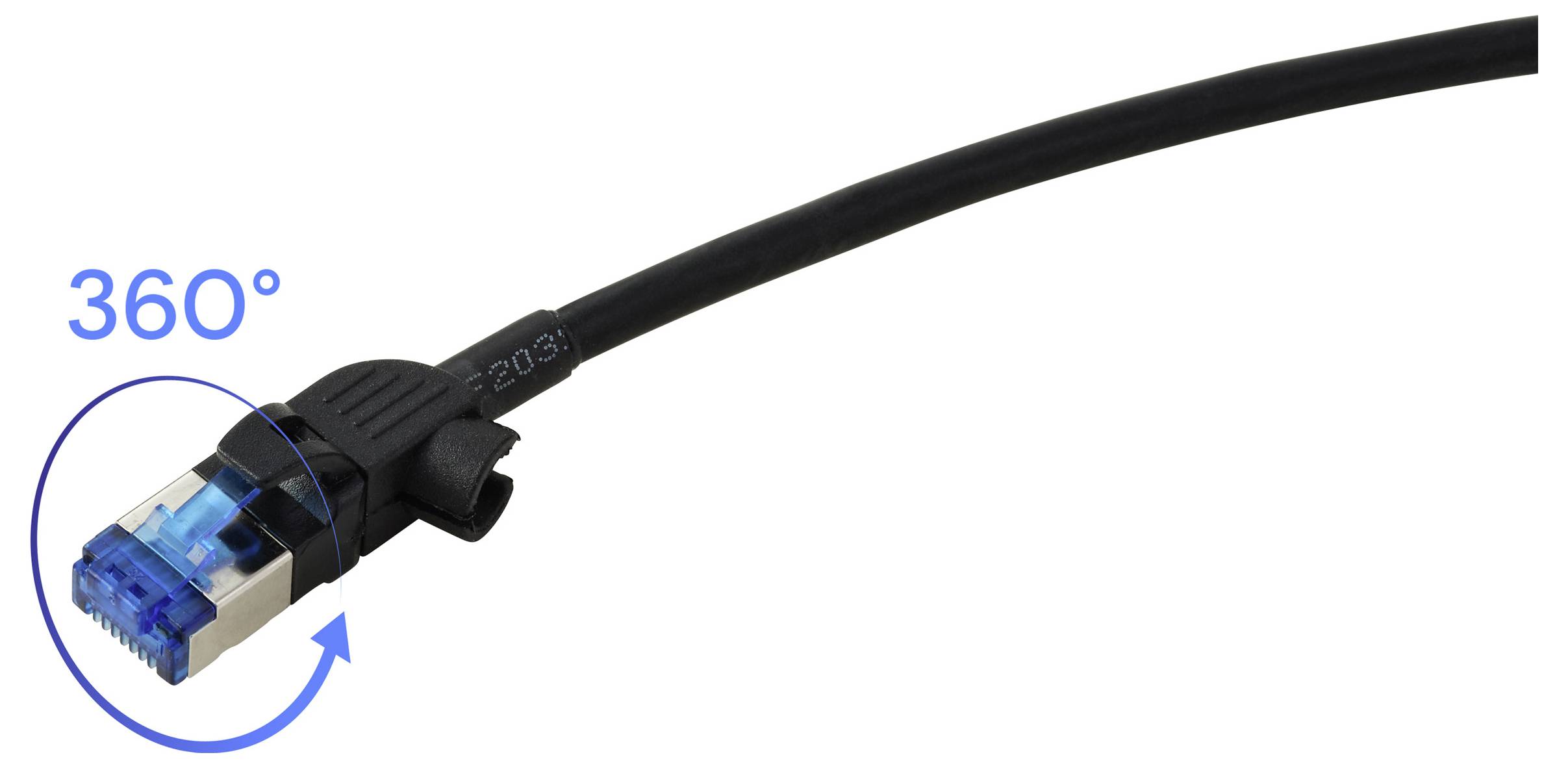 Ein schwarzes Ethernet-Kabel mit blauem Stecker, mit der Bezeichnung „360°", was auf die Rotationsflexibilität des Steckers hindeutet.
