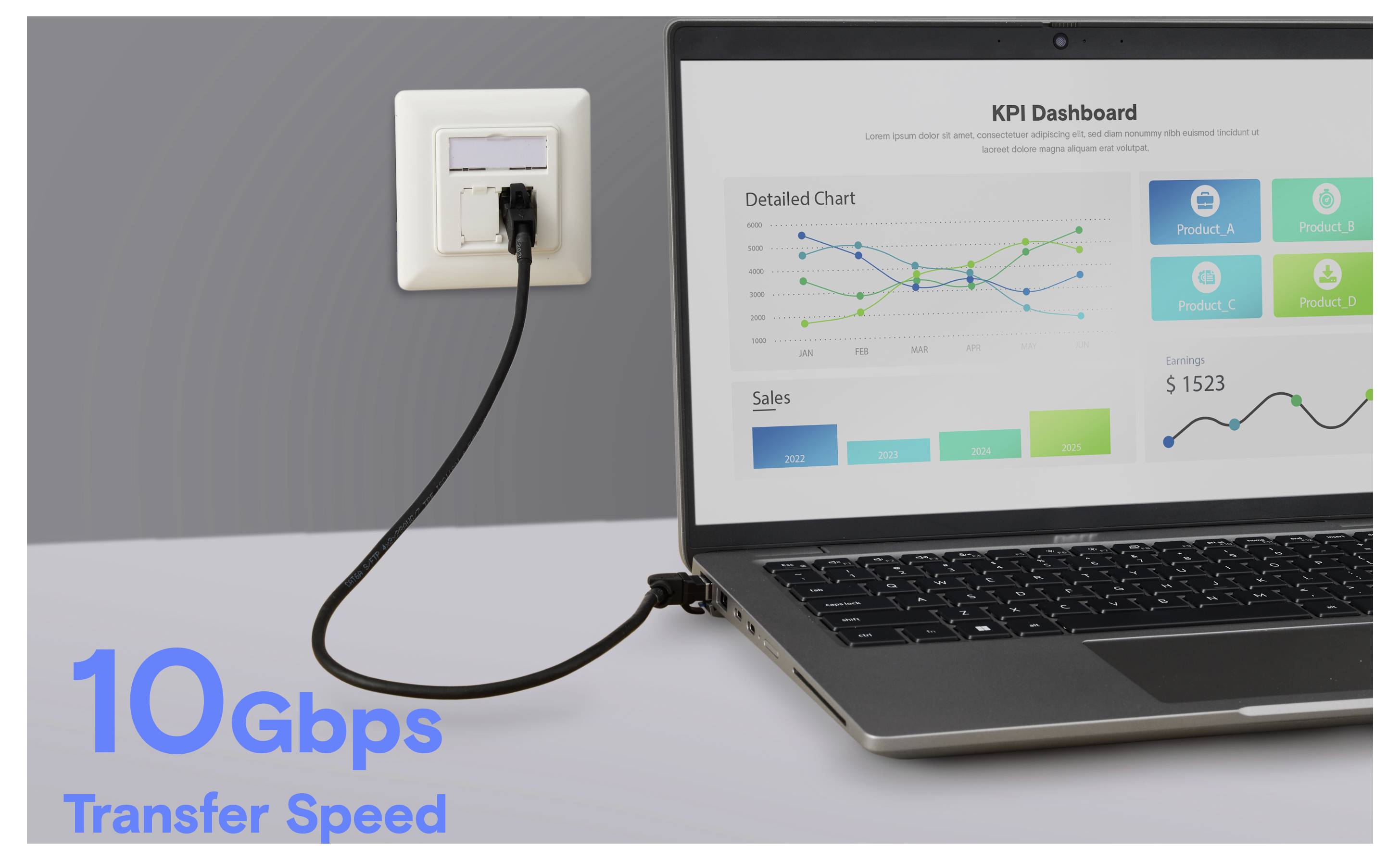 Ein Laptop mit einem KPI-Dashboard mit Diagrammen und Verkaufsdaten ist über ein Kabel mit einer Wandsteckdose verbunden, auf dem „10 Gbps Übertragungsgeschwindigkeit" gekennzeichnet ist.