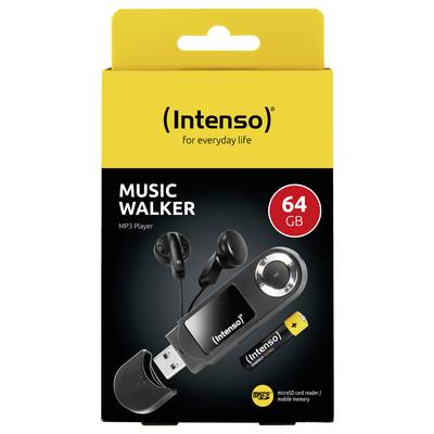 Das Verpackungsdesign des 'Intenso Music Walker MP3-Players, 64 GB' zeigt den MP3-Player, den USB-Anschluss und die Kopfhörer mit Betonung auf der Speichergröße.