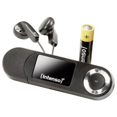 Ein schwarzer Intenso MP3-Player mit Ohrhörern und einer einzelnen AA-Batterie daneben. Der MP3-Player verfügt über ein kreisrundes Bedienpad.