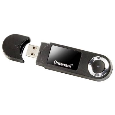 Ein schwarzer USB-Stick mit einem silbernen Knopf, teilweise in eine schwarze abgerundete Kappe eingesteckt, mit der Aufschrift 'Intenso'.