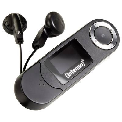 Ein schwarzer Intenso MP3-Player mit Display und rundem Bedienungskreis, zusammen mit schwarzen Kopfhörern, die mit 'R' und 'L' gekennzeichnet sind.