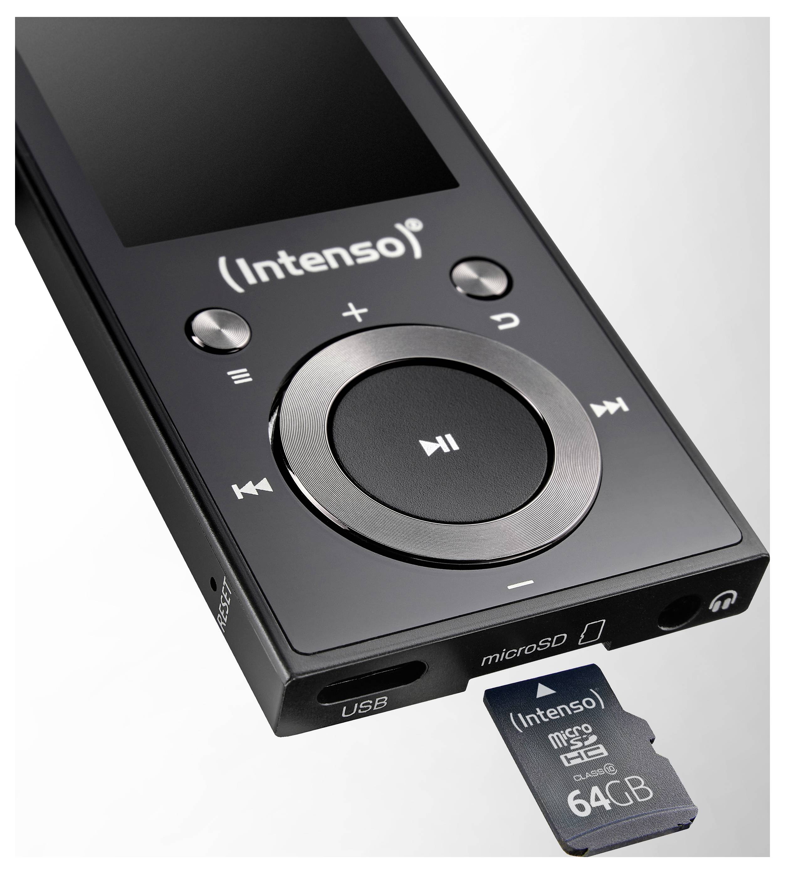 Ein schwarzer MP3-Player mit einem kleinen Bildschirm, auf dem das Wort 'Musik' und ein Musiksymbol angezeigt werden. Ohrhörer sind angeschlossen, und unterhalb des Bildschirms befindet sich ein kreisförmiges Bedienfeld.