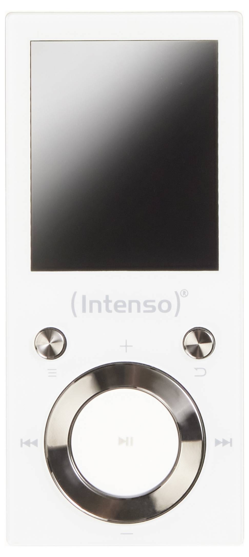 Ein weißer Intenso-Mediaplayer mit Bildschirm, Navigationstasten und einem kreisförmigen Steuerpad.