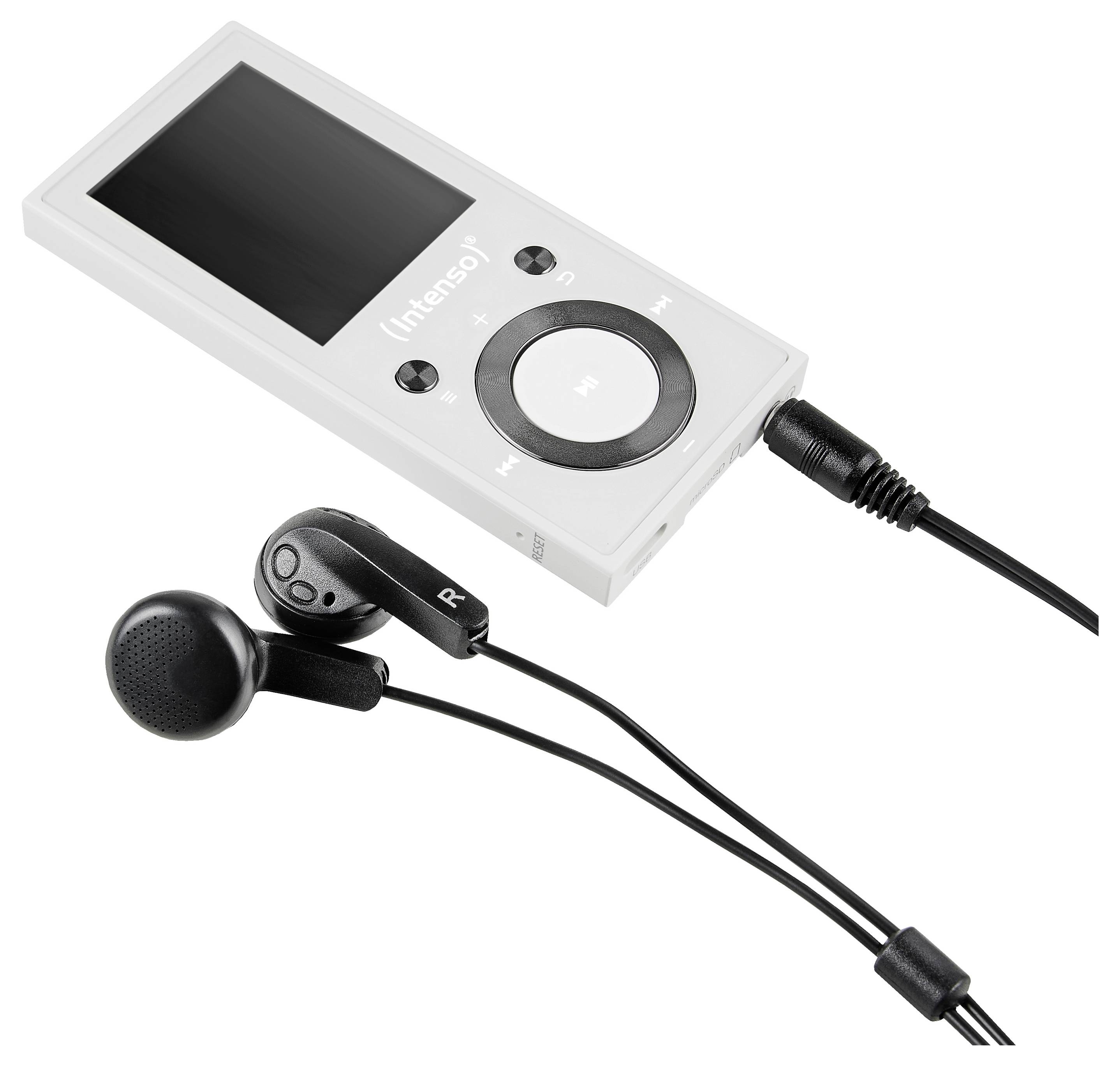 Ein kleiner rechteckiger Musikplayer mit einem Bildschirm und Kontrollknöpfen, der in schwarze Kopfhörer eingesteckt ist.