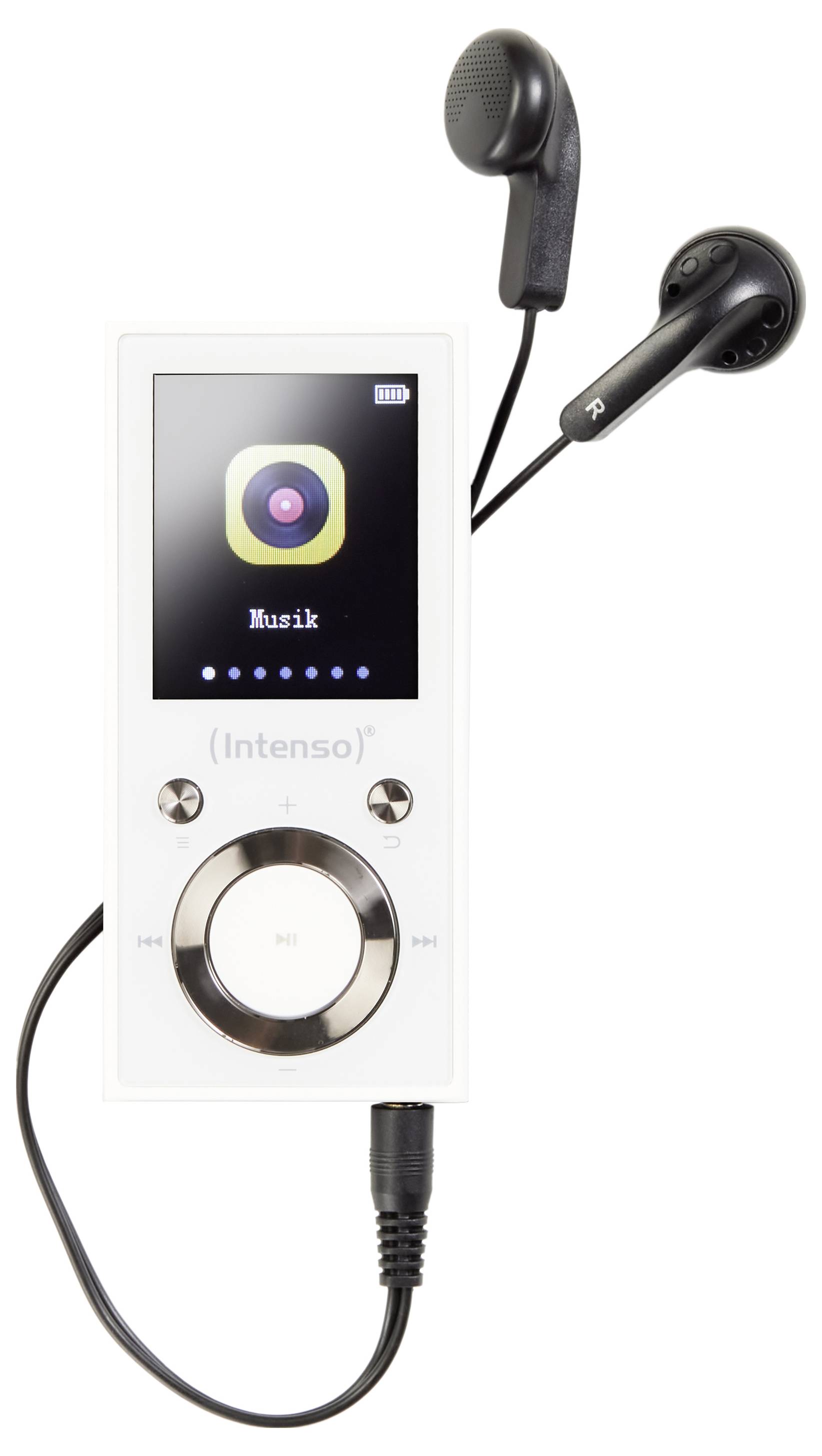 Ein weißer tragbarer Mediaplayer mit einem kleinen Bildschirm, auf dem das Symbol für 'Musik' zu sehen ist, verbunden mit schwarzen Kopfhörern, vor einem weißen Hintergrund.