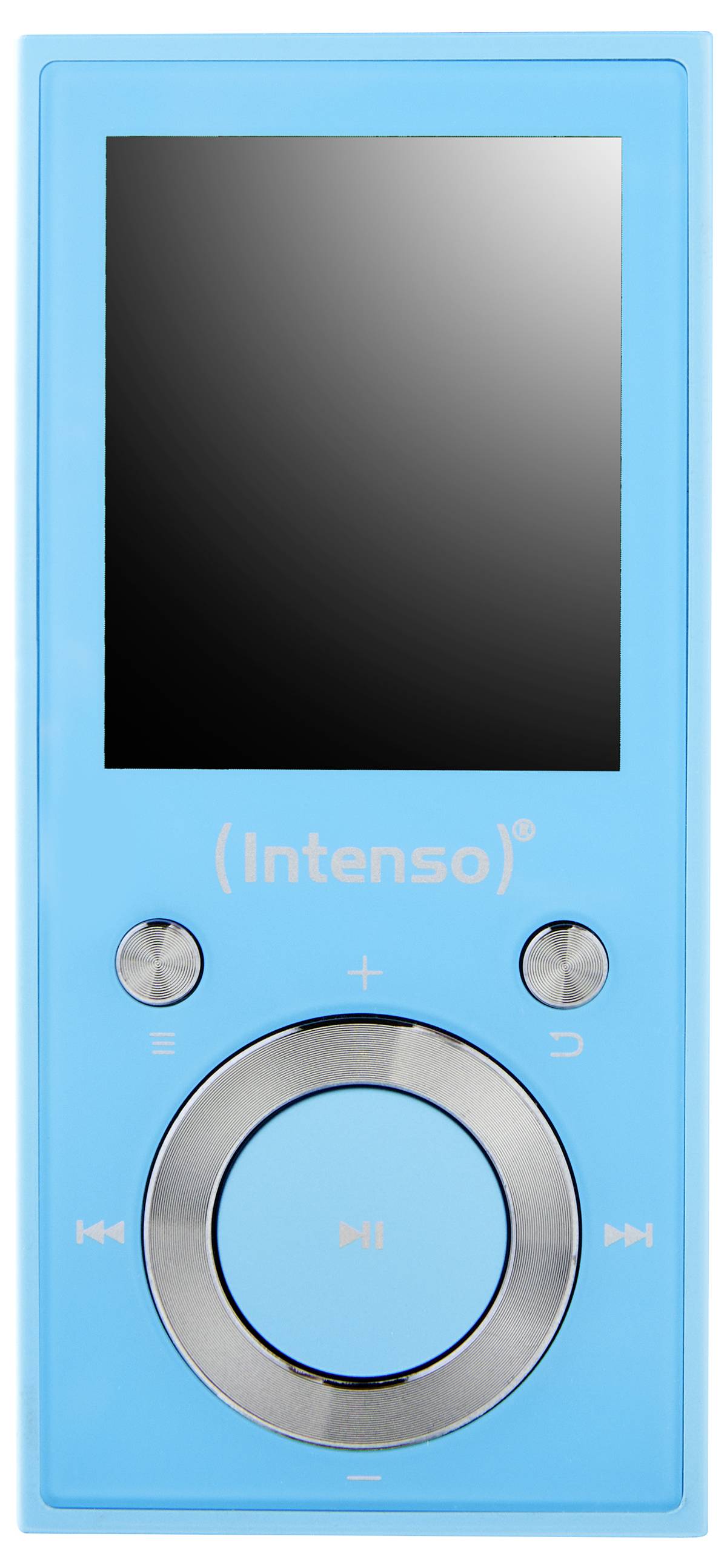 Ein blauer tragbarer Mediaplayer mit Display und kreisförmigem Bedienpad mit Wiedergabe-, Pause- und Navigationstasten, der Marke ‚Intenso'.