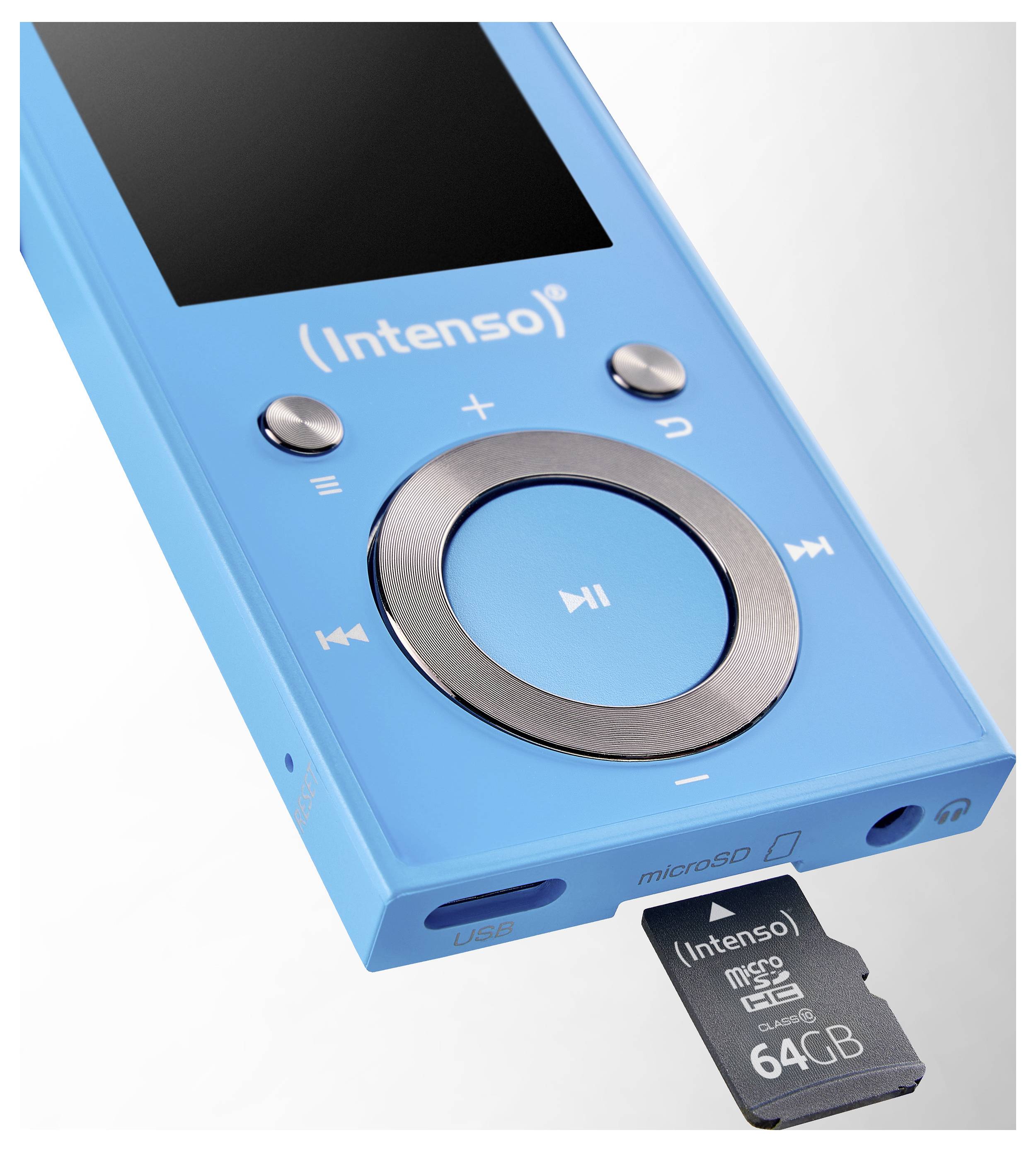 Ein blauer tragbarer Mediaplayer mit einem kreisförmigen Navigationspad und Display. Er zeigt eine microSD-Karte teilweise eingesteckt, mit der Beschriftung „64 GB".